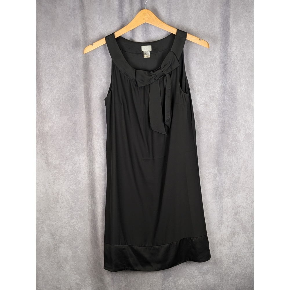 HM Black Sleeveless Bow Neck Shift Dress Womens Size 4 Satin Trim Mini-C173